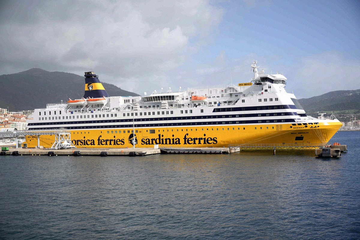 Yellow Corsica Ferries ship at the quay in the port of Toulon