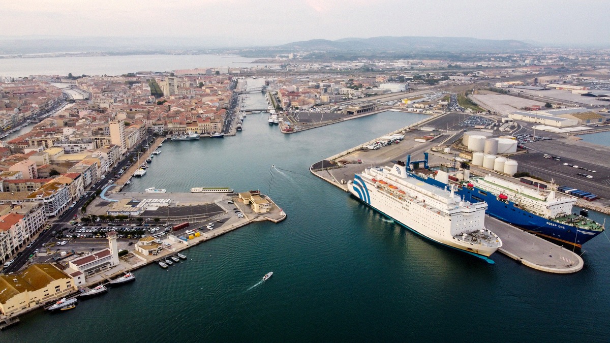 Aerial view of the port of Sète with a passenger ferry at the quay
