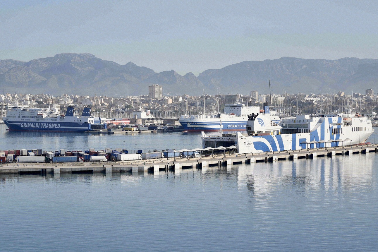 Grimaldi Trasmed ferries in the port of Palma de Mallorca, with the city and mountains behind